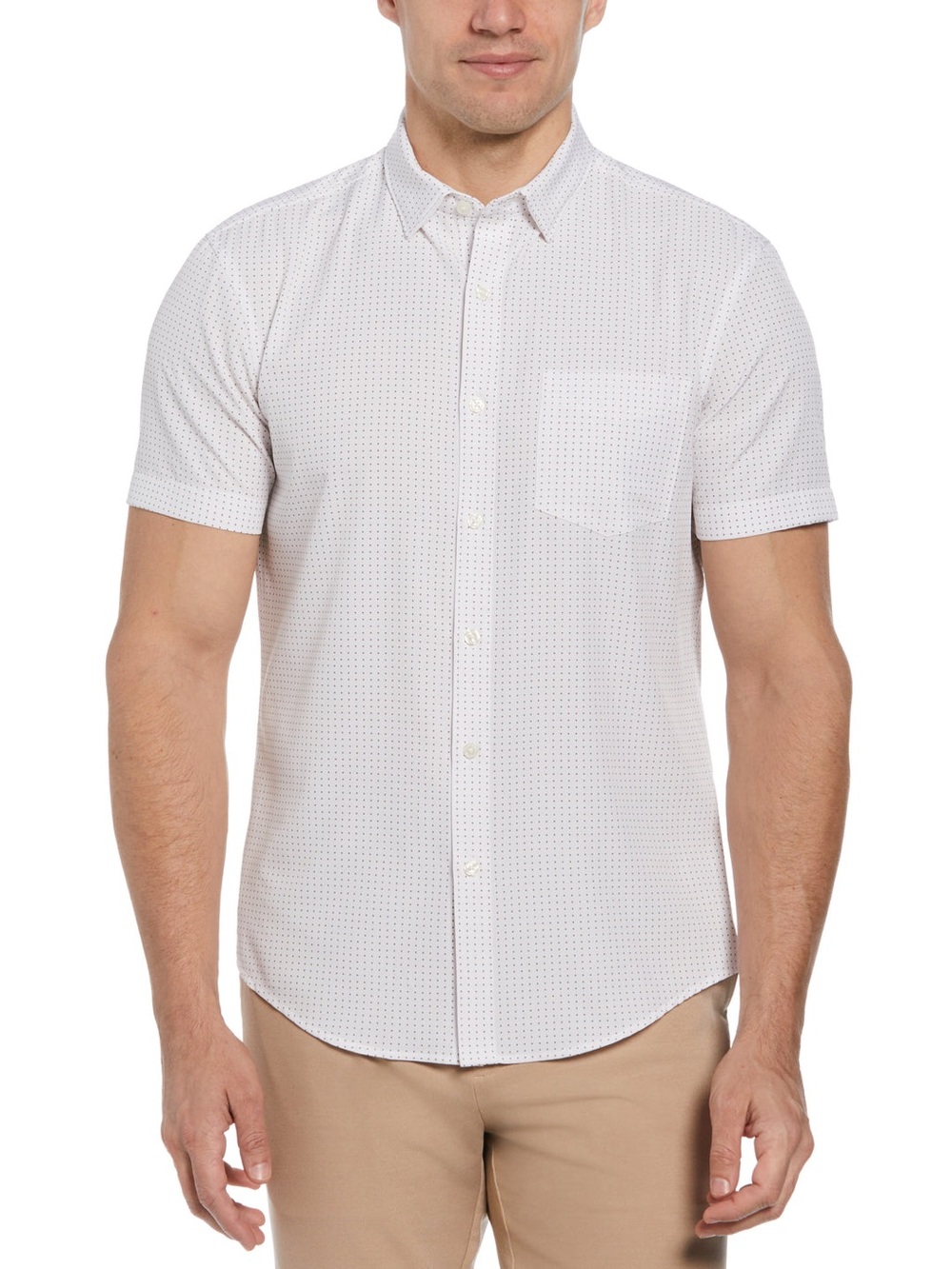 NWT Perry Ellis White Dot Print Short-Sleeve Slim Fit Stretch Button-Down Shirt